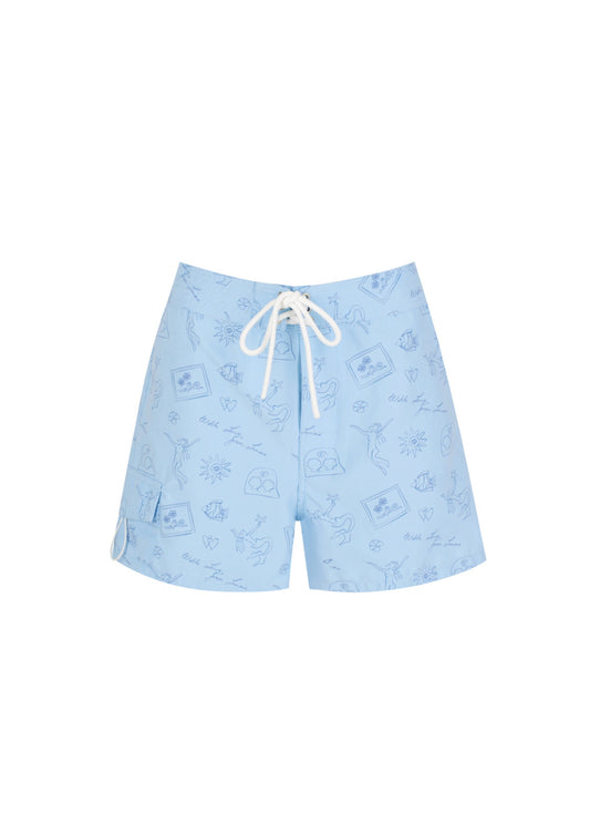 Tie Front Boardshorts - Baby Blue Signature Print
